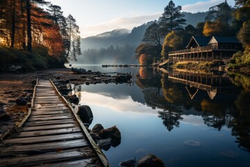 Wooden pier extends into lake with house, surrounded by natural landscape - obrazy, fototapety, plakaty