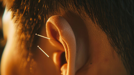 A closeup of a persons ear with tiny acupuncture needles inserted in specific points believed to alleviate pain and promote overall wellness in traditional medicine.