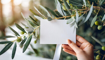 Woman's hand holds blank paper amidst wedding décor; ideal for greeting cards