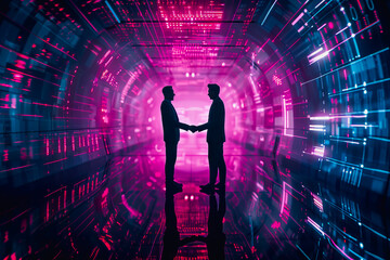 Handshake between business people and futuristic technology background - obrazy, fototapety, plakaty