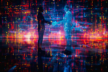 Handshake between business people and futuristic technology background - obrazy, fototapety, plakaty