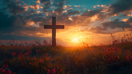 Ascension day concept with a cross on a meadow at autumn sunrise - obrazy, fototapety, plakaty