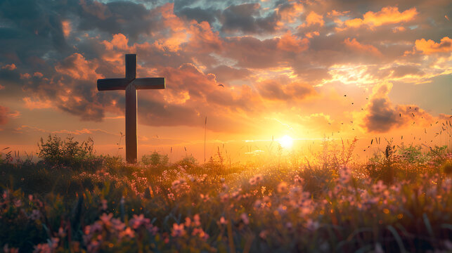 Ascension day concept with a cross on a meadow during autumn sunrise