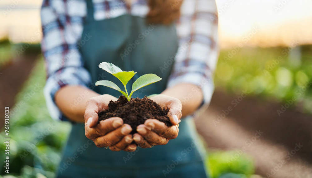 Sticker female farmer's hands holding soil, symbolizing sustainability and community farming