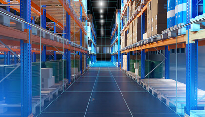 Modern Warehouse Aisle with Blue Neon Lighting, Metal Shelving, and Various Storage Units 3d image