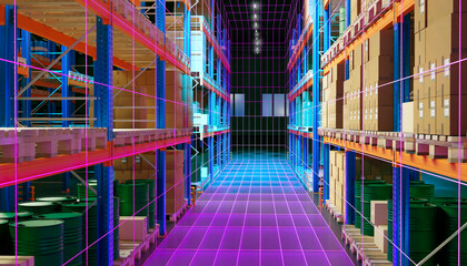 Vibrant Warehouse Aisle Illuminated by Neon Pink and Blue Lights with Shelves Stocked with Goods 3d image