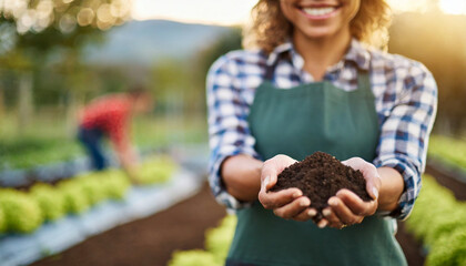 female farmer's hands holding soil, symbolizing sustainability and community farming