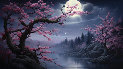 A full moon night with falling cherry blossoms - obrazy, fototapety, plakaty