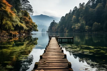 Fototapeten Wooden dock on calm lake surrounded by trees, under morning sky © Yuchen Dong