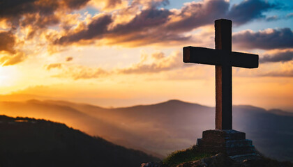 Silhouette of Holy Cross against dramatic sky, symbolizing Jesus Christ's death and resurrection - obrazy, fototapety, plakaty