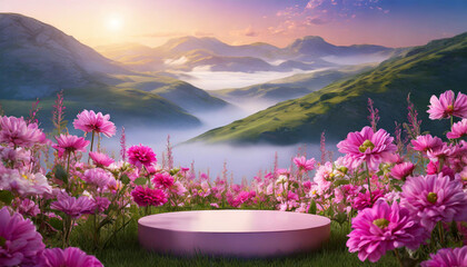 podium backdrop adorned with pink flowers, symbolizing spring flora's vibrancy and freshness