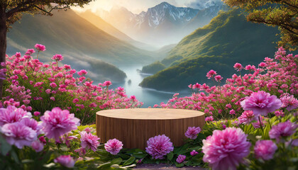 podium backdrop adorned with pink flowers, symbolizing spring flora's vibrancy and freshness