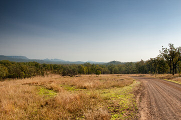 Serene landscape near Carnarvon Gorge, Queensland, featuring lush greenery, rugged cliffs, and meandering waterways.