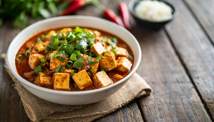 Mapo tofu in bowl on wooden table, symbolizing delicious Asian cuisine, spicy comfort food, cultural fusion. Copy space available - obrazy, fototapety, plakaty