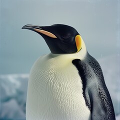 A detailed side view of an emperor penguin, showcasing its distinctive yellow and black coloring against the icy Antarctic backdrop.
