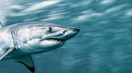 Captivating close-up of a swift mako shark moving through the clear, blue ocean, showcasing its streamlined shape and formidable presence.