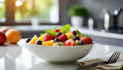 fresh fruit salad on white table in modern kitchen, symbolizing health, freshness, and vitality. Blurred background adds contemporary feel