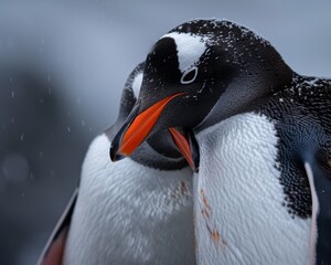 Naklejka premium Close-up of a gentle and intimate moment between two gentoo penguins under a soft snowfall, highlighting their natural habitat.