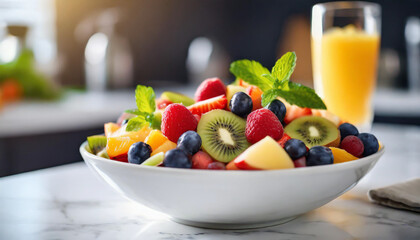 fresh fruit salad on white table in modern kitchen, symbolizing health, freshness, and vitality. Blurred background adds contemporary feel