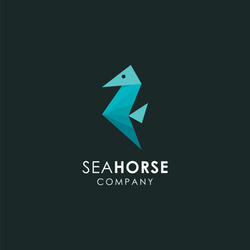 Minimalist sea horse logo icon vector template with origami paper style on black background