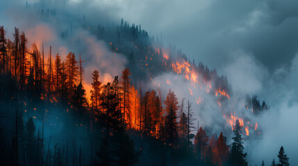 A forest fire is raging through a wooded area. The sky is orange and the smoke is thick. The trees are blackened and charred, and the ground is covered in ash. The scene is chaotic and destructive