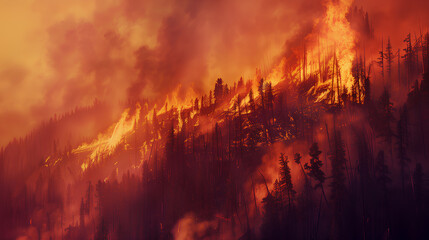 A forest fire is raging through a wooded area. The sky is orange and the smoke is thick. The trees are blackened and charred, and the ground is covered in ash. The scene is chaotic and destructive