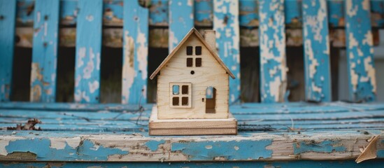 Fototapeta na wymiar Wooden dollhouse placed on a weathered blue seat