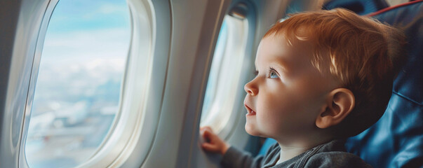 Happy toddler boy traveling by airplane