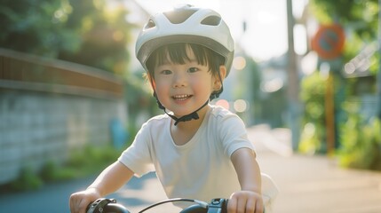 Obraz premium Asian cute little boy having fun by riding bicycle. Cute kid in safety helmet biking outdoors.