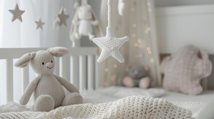 The serene and peaceful nursery room is filled with cuddly stuffed animals soft blankets and delicate mobiles creating a cozy and dreamy atmosphere for newborns to rest and