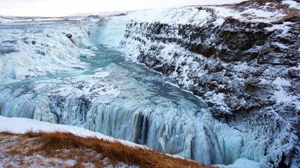 Iceland's three-stage Gullfoss Waterfall in winter