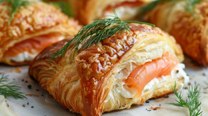 A closeup of a flaky croissant filled with smoked salmon and cream cheese garnished with fresh dill.
