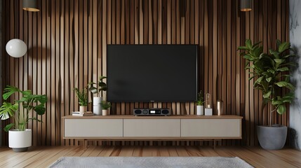 Interior mock up living room. cabinet for TV or place object in modern living room with lamp,table,flower and plant