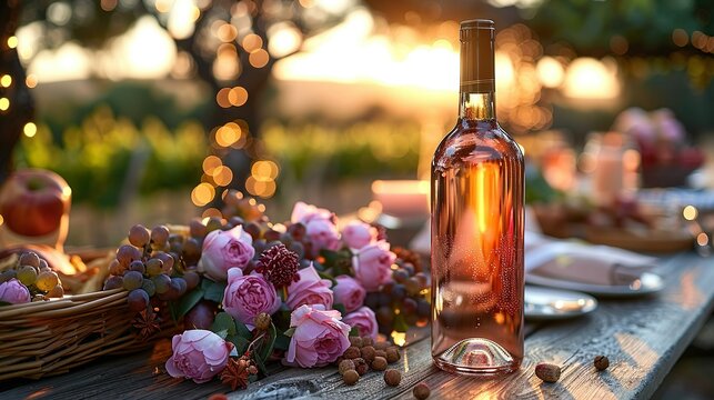 Bottle of rose wine on the counter at a celebratory party.