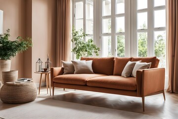 Fototapeta premium Elegant Scandinavian Decor: Terra Cotta Sofa in Modern Living Room Design