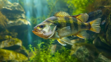 Obraz premium Big freshwater perch in its natural aquatic environment, emphasizing the beauty and biodiversity of freshwater ecosystems