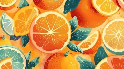 Bright orange themed illustration with citrus elements, ideal for fresh summer designs and marketing materials - obrazy, fototapety, plakaty