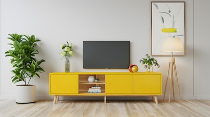 Interior mock up living room. cabinet for TV or place object in modern living room with lamp,table,flower and plant