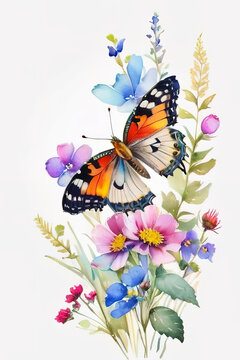 Watercolor painting of flowers and butterfly, isolated on white background.