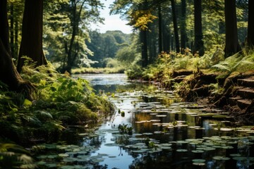 Fototapeta na wymiar River flowing through forest, lined with trees and ferns