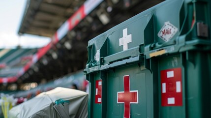 A closeup of the first aid station at the stadium equipped to provide immediate medical assistance if needed. - obrazy, fototapety, plakaty