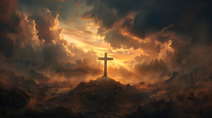 Holy cross symbolizing the death and resurrection of Jesus Christ with the sky over Golgotha hill shrouded in light and clouds, apocalypse concept. - obrazy, fototapety, plakaty
