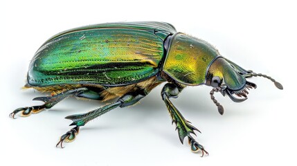 Green June beetle on a white background, showcasing the detailed textures and colors of this fascinating insect.
