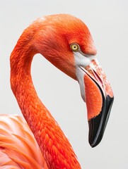 Close-up portrait of a pink flamingo with a long neck and colorful feathers - obrazy, fototapety, plakaty