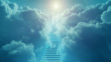 Heavenly ascent on a luminous staircase through clouds, leading towards a divine light, evoking a spiritual journey and the concept of ascension into paradise. - obrazy, fototapety, plakaty