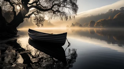 Fotobehang Boat on water by tree in natural lake landscape under sky and clouds © yuchen