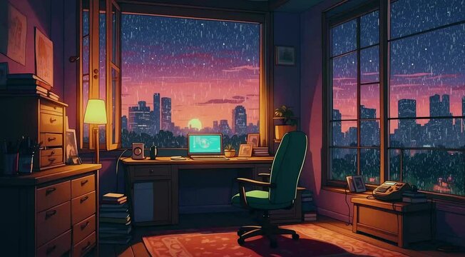 Tranquil Lofi office room with Rain Ambience for lofi Rain chill music infinity looping video animation