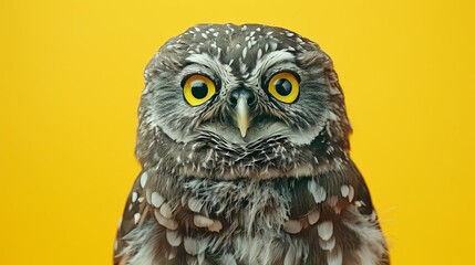 Owl portrayed with an element of surprise, set against a vivid yellow backdrop for a striking image