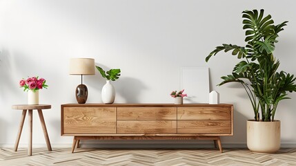 Interior mock up living room. cabinet for TV or place object in modern living room with lamp,table,flower and plant