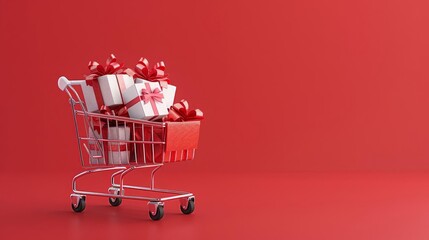 Shopping Cart Full of Gift Boxes with Red Bows, Christmas and New Year Sale Concept, Minimal 3D Render